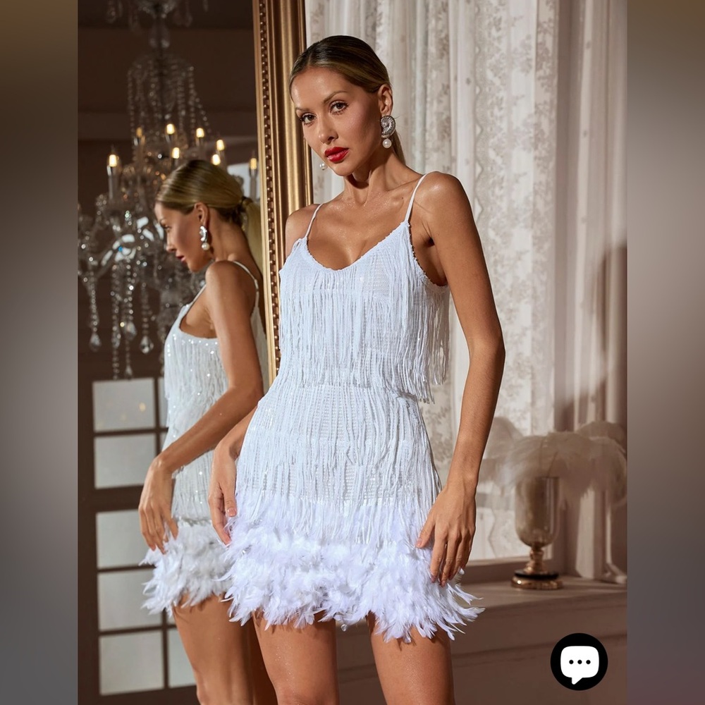 White Tassel Feather Mini Dress - Women’s Large